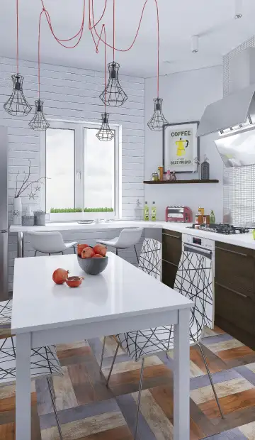 Белая кухня с чёрными деталями для стиля лофт