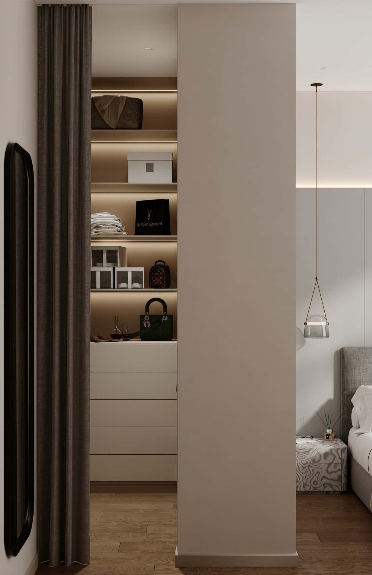 Дизайн и ремонт квартиры в ЖК AFI Park Воронцовский — Стиль как инвестиция, 60 м2. Мастер-спальня с гардеробной, фото 4