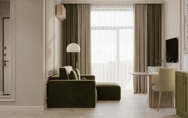 Дизайн и ремонт квартиры в ЖК Дом Достижение в стиле современная классика. Кухня-гостиная