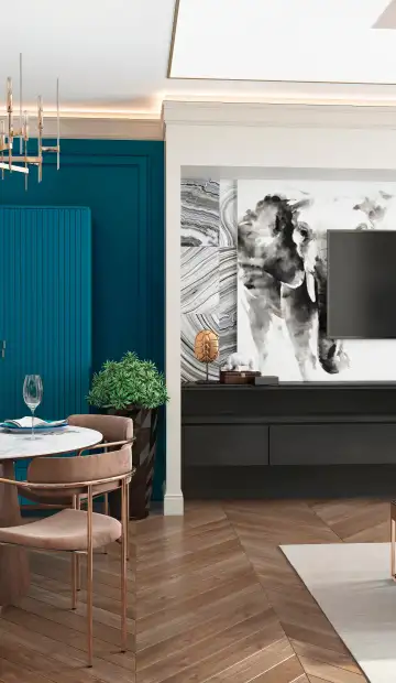 ЖК «Донской Олимп». Черный комод под телевизором в современном стиле со встроенным камином