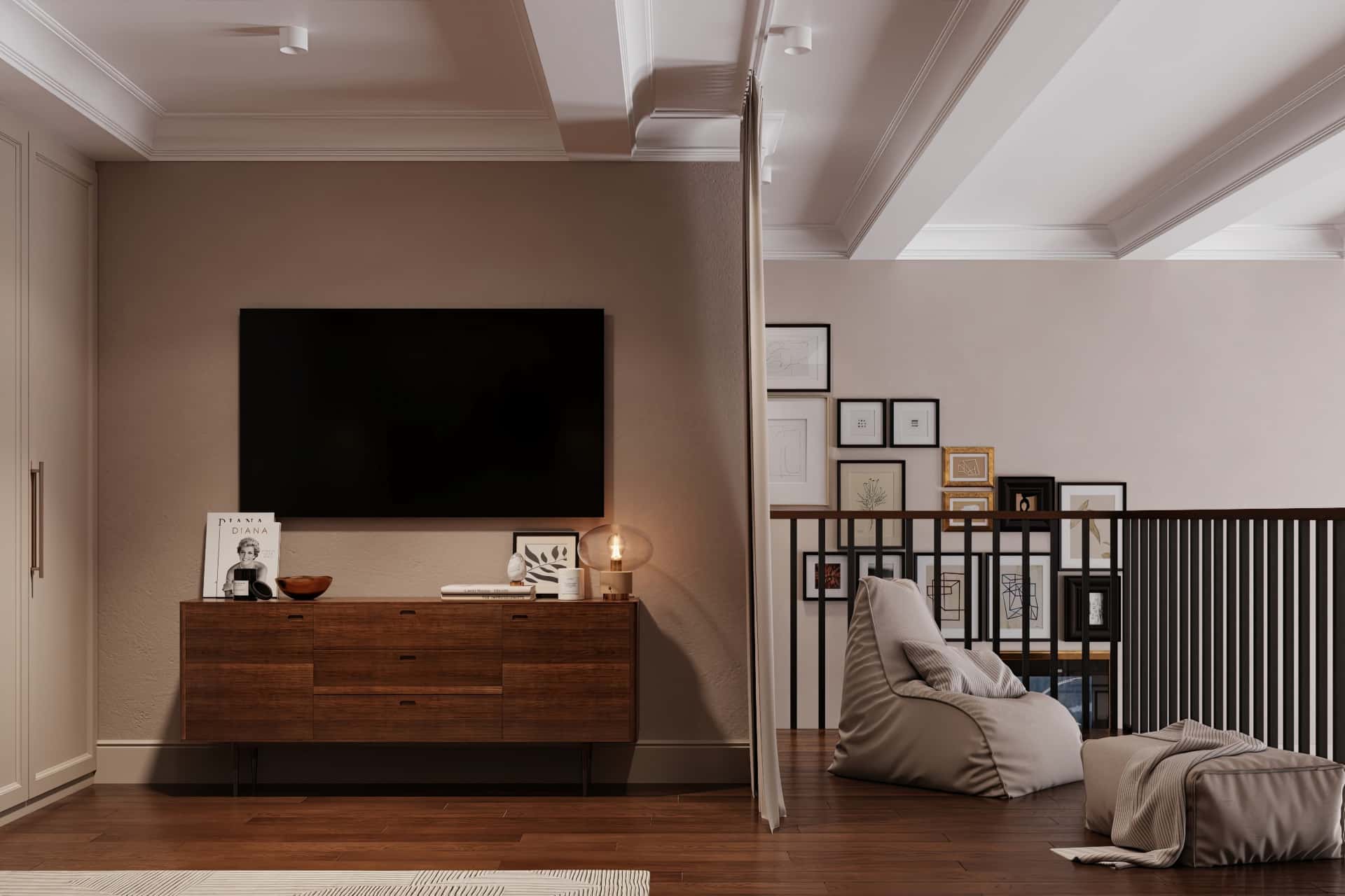 Дизайн и ремонт квартиры в ЖК Джаз — Квартира с мезонином, 89 м2. Спальня на антресоле, фото 1