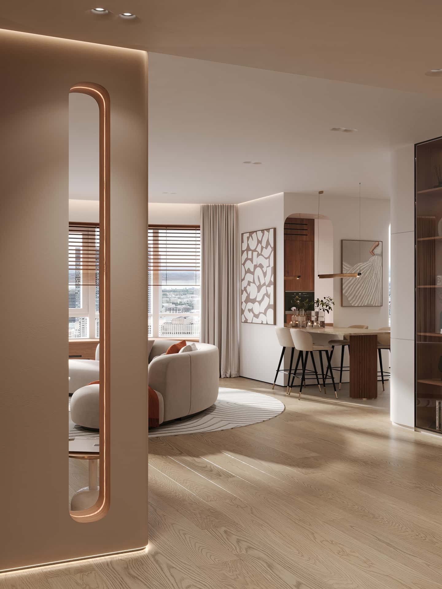 Дизайн и ремонт квартиры в ЖК Эмеральд — Сияние форм, 131 м2. Гостиная, фото 1