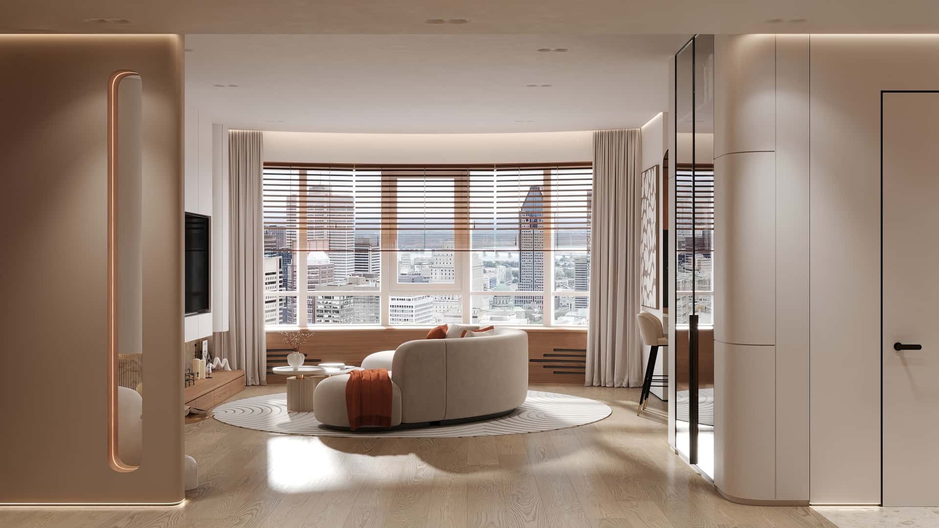 Дизайн и ремонт квартиры в ЖК Эмеральд — Сияние форм, 131 м2. Гостиная