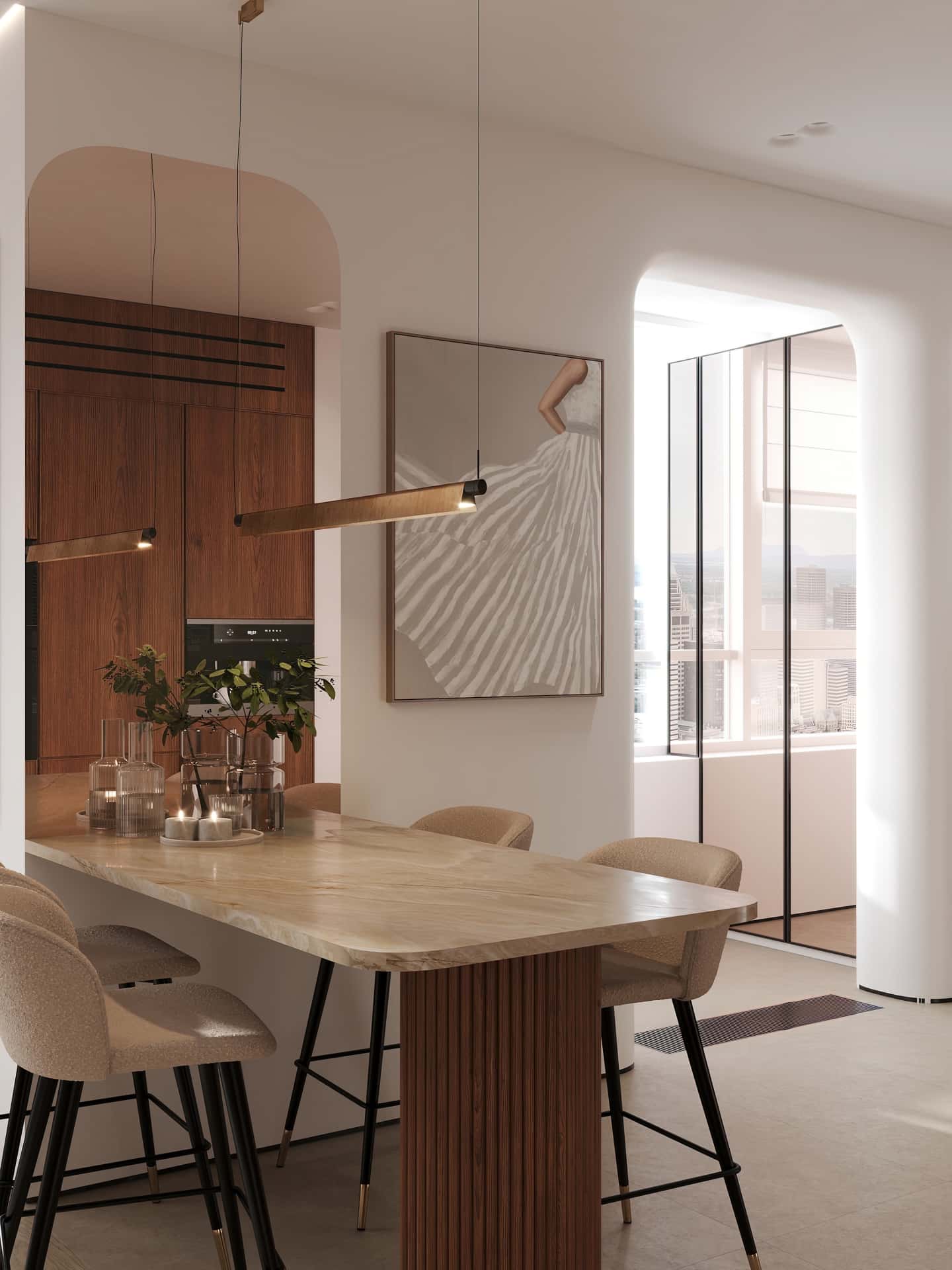 Дизайн и ремонт квартиры в ЖК Эмеральд — Сияние форм, 131 м2. Кухня с балконом, фото 5