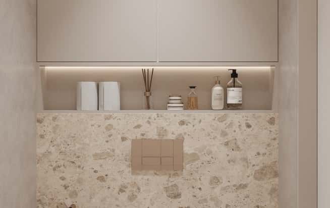 Дизайн и ремонт квартиры в ЖК Эмеральд в стиле бионика. Гостевой санузел, фото 1