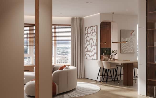 Дизайн и ремонт квартиры в ЖК Эмеральд в стиле бионика. Гостиная, фото 1