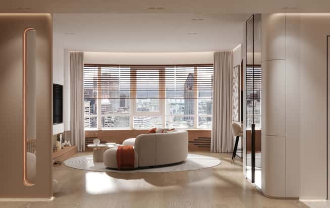 Дизайн и ремонт квартиры в ЖК Эмеральд в стиле бионика. Гостиная