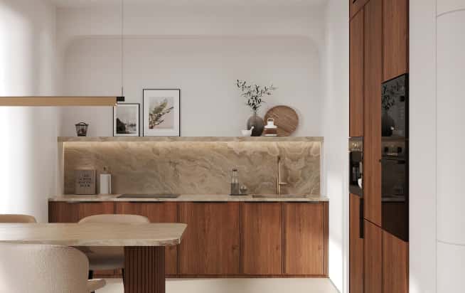 Дизайн и ремонт квартиры в ЖК Эмеральд в стиле бионика. Кухня с балконом