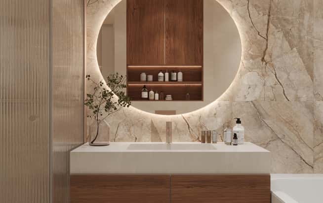 Дизайн и ремонт квартиры в ЖК Эмеральд в стиле бионика. Мастер-санузел