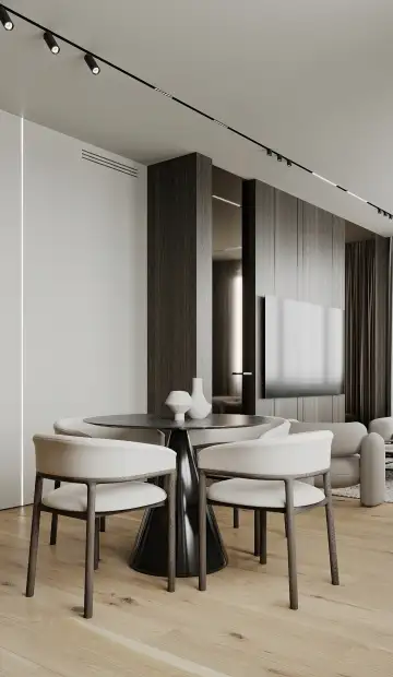 ЖК Homecity. С помощью трековой системы мы подчеркнули геометрию комнаты