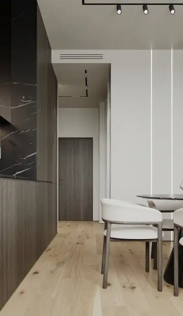 ЖК Homecity. В гостиную, совмещённую с кухней, ведёт открытый проём