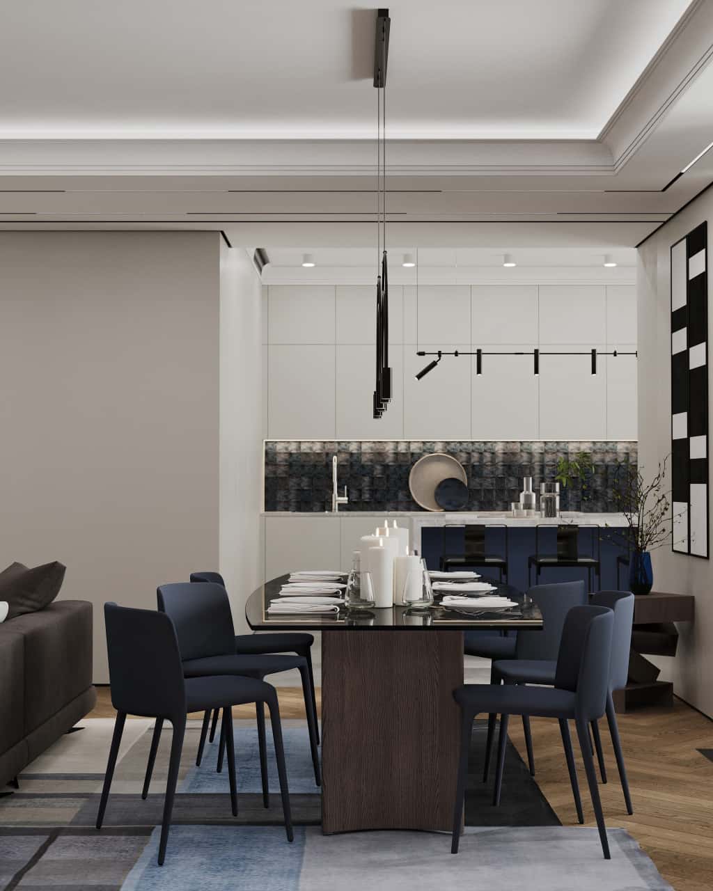 Индиго в кухне-гостиной