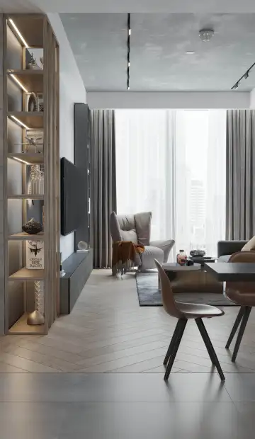 ЖК «Neva Towers». Стеллаж в современной гостиной