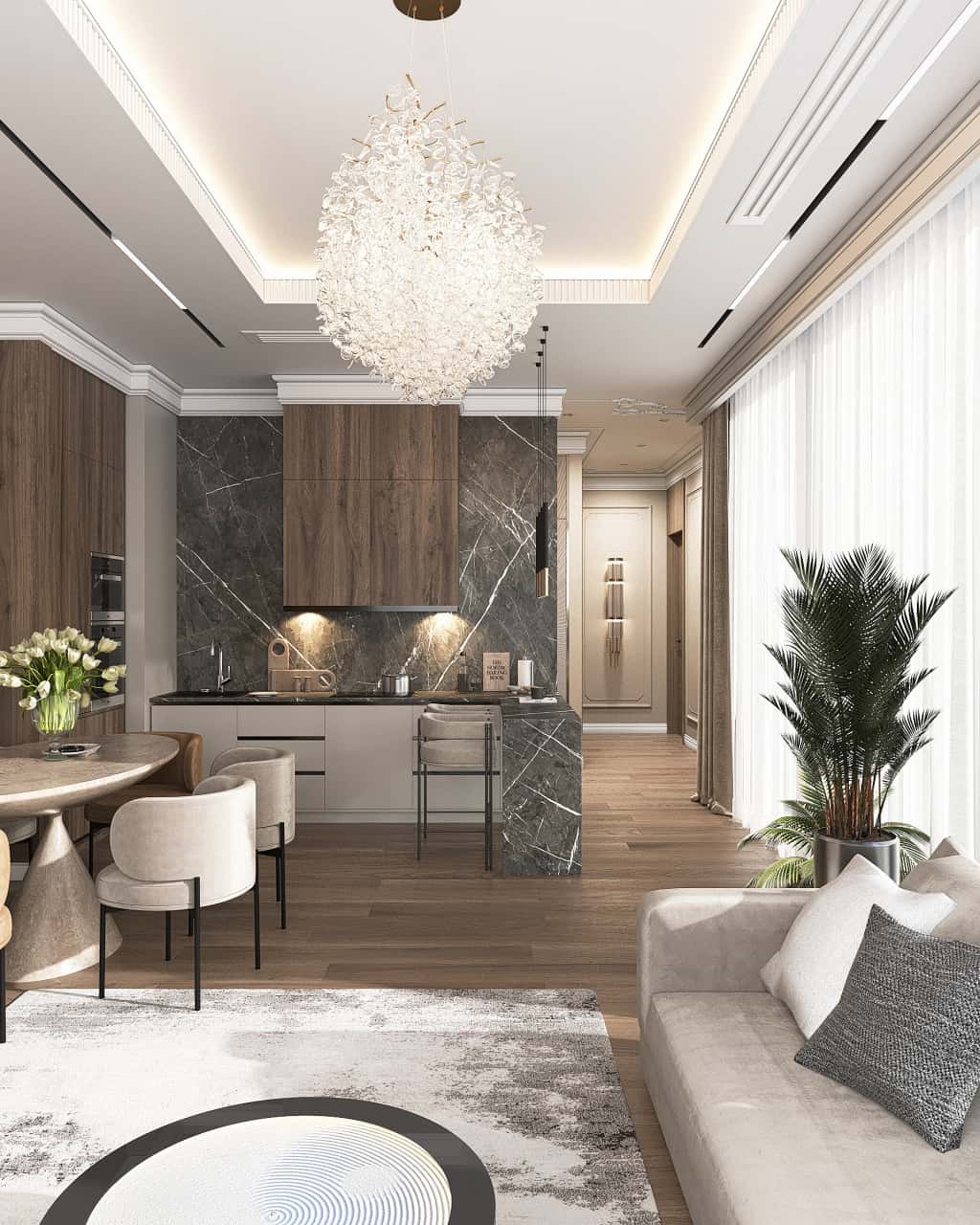 Серый в интерьере кухни-гостиной