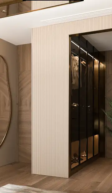 ЖК «Neva Towers». Гардеробную на общем бежевом фоне выделили реечными панелями