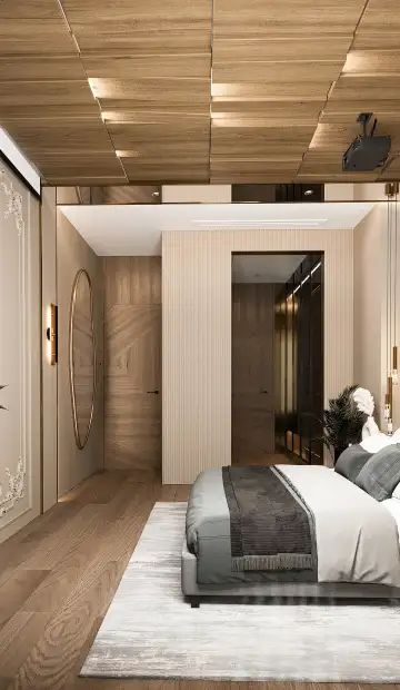 ЖК «Neva Towers». На полу в зоне кровати постелили мягкий ковёр