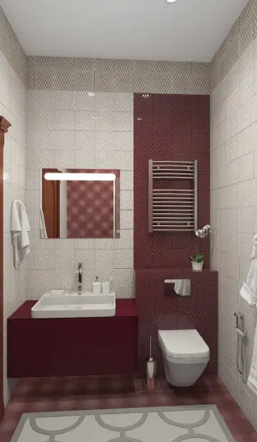 ЖК «RedSide». Ванная выполненная в белых и бардовых цветах