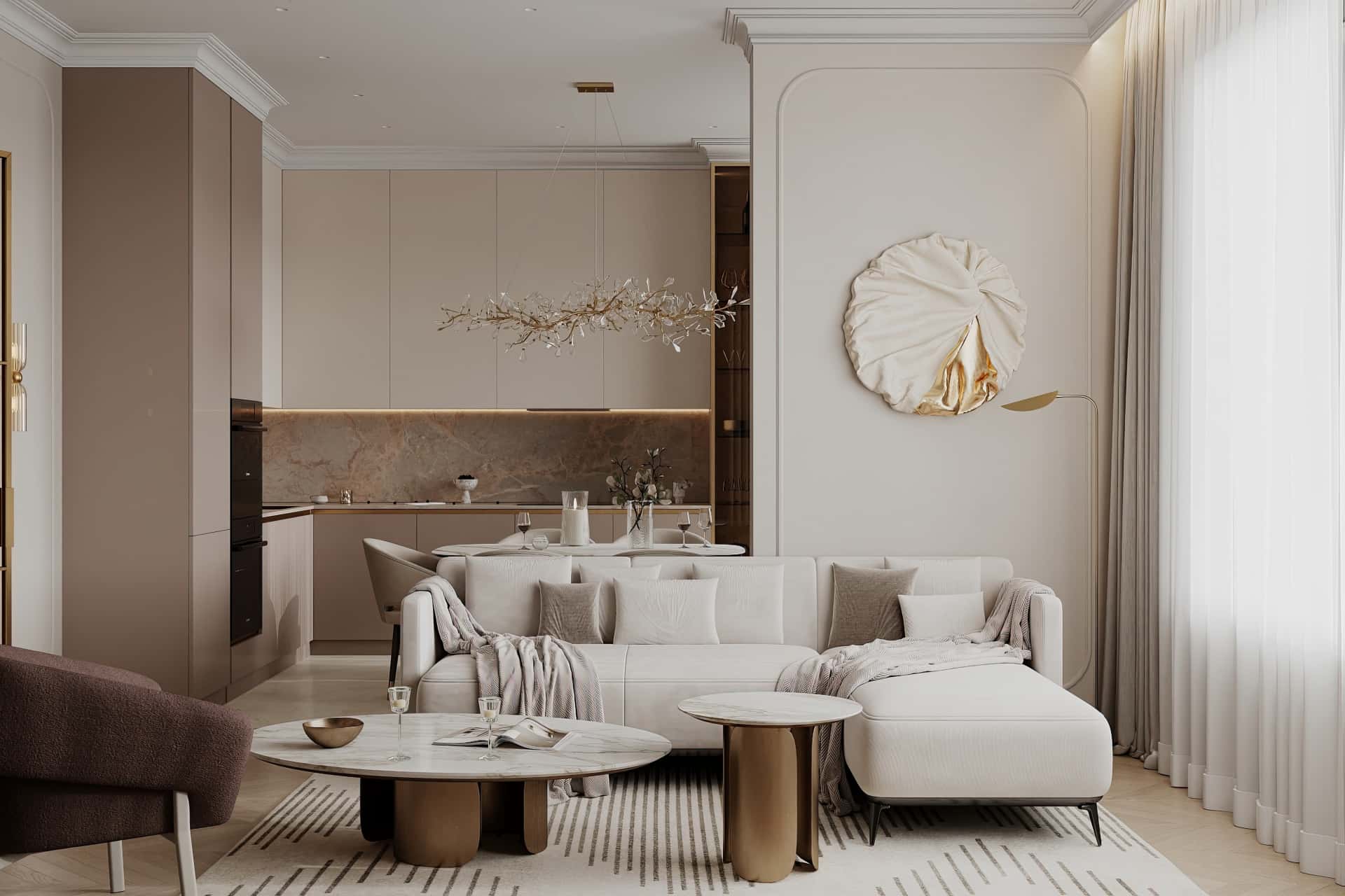 Дизайн и ремонт квартиры в ЖК Режиссёр — Богемная грация, 87 м2. Кухня-гостиная