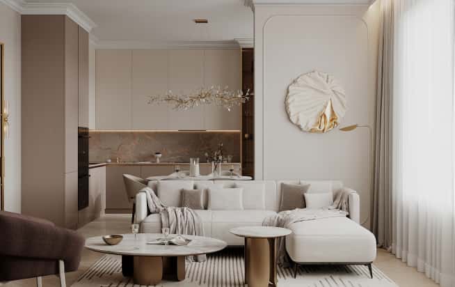 Дизайн и ремонт квартиры в ЖК Режиссёр в стиле современная классика. Кухня-гостиная