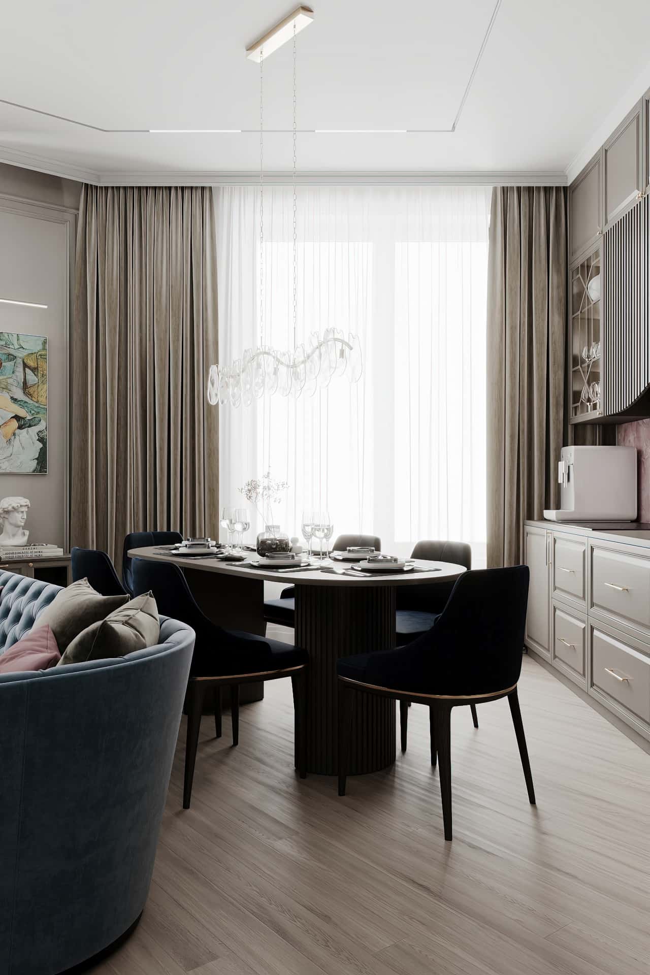 Дизайн и ремонт квартиры в ЖК Серебряный фонтан — Лебединое озеро, 109 м2. Кухня-гостиная, фото 4