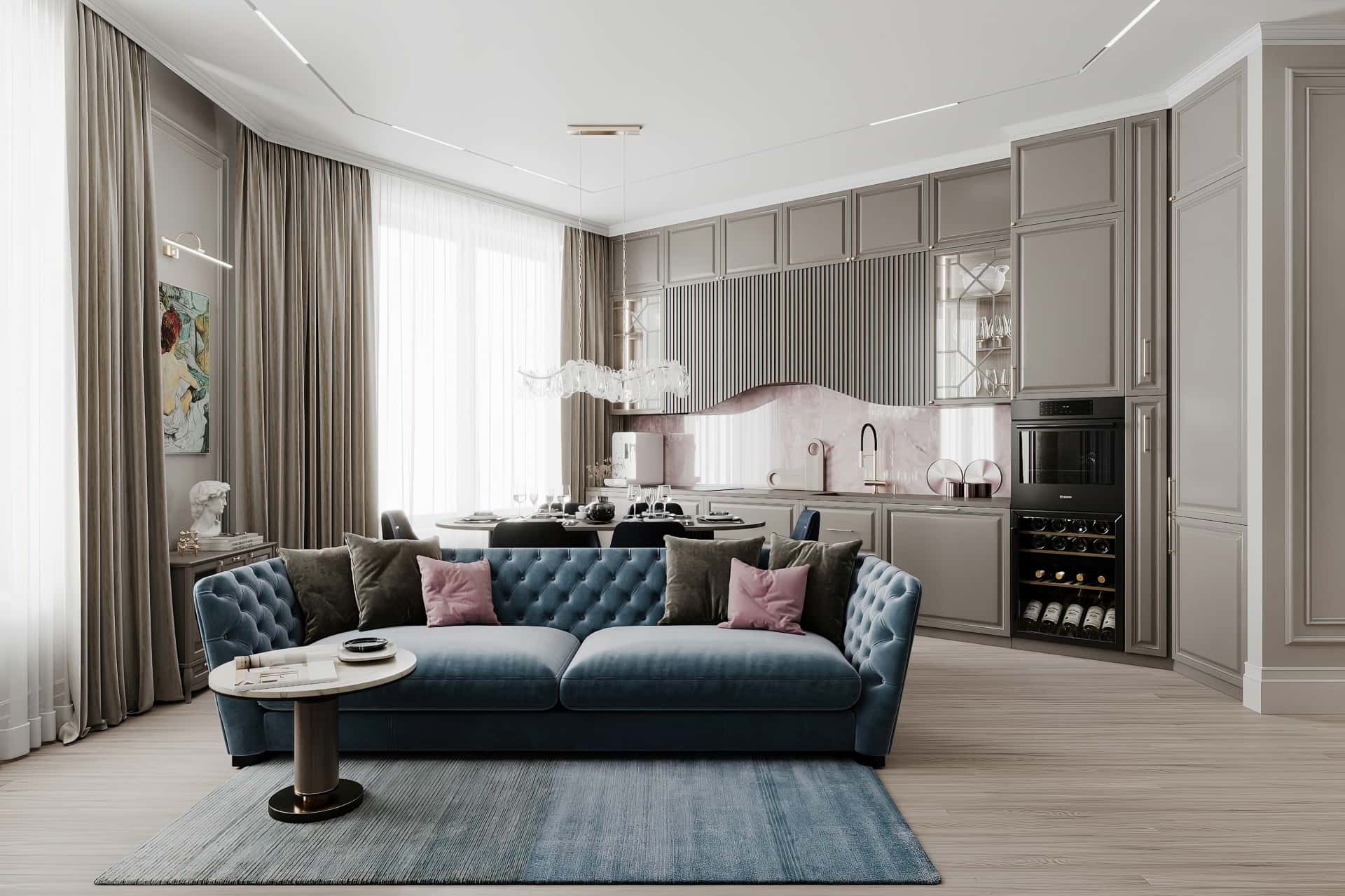 Дизайн и ремонт квартиры в ЖК Серебряный фонтан — Лебединое озеро, 109 м2. Кухня-гостиная