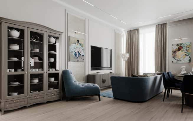 Дизайн и ремонт квартиры в ЖК Серебряный фонтан в стиле современная классика. Кухня-гостиная, фото 2