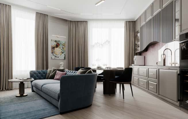 Дизайн и ремонт квартиры в ЖК Серебряный фонтан в стиле современная классика. Кухня-гостиная, фото 3