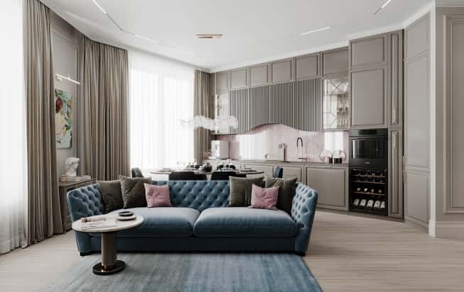 Дизайн и ремонт квартиры в ЖК Серебряный фонтан в стиле современная классика. Кухня-гостиная