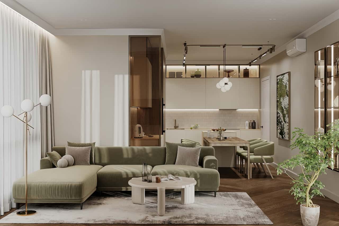 Оливковая кухня-гостиная