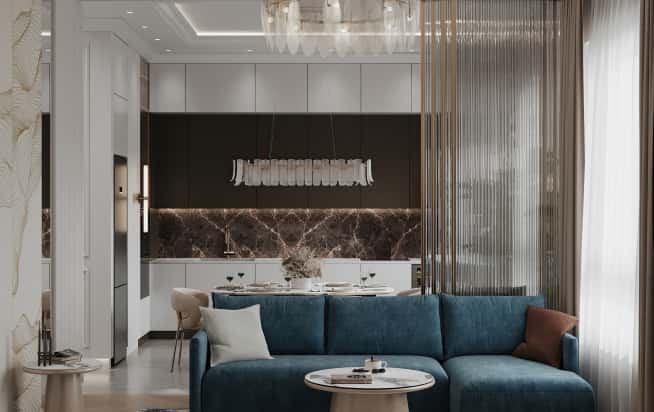 Дизайн и ремонт квартиры в ЖК Вереск в стиле современная классика. Кухня-гостиная, фото 9