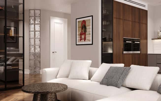 Дизайн и ремонт квартиры в ЖК Врубеля 4 в стиле французская классика. Кухня-гостиная, фото 11