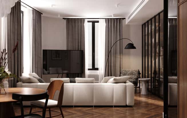 Дизайн и ремонт квартиры в ЖК Врубеля 4 в стиле французская классика. Кухня-гостиная, фото 12