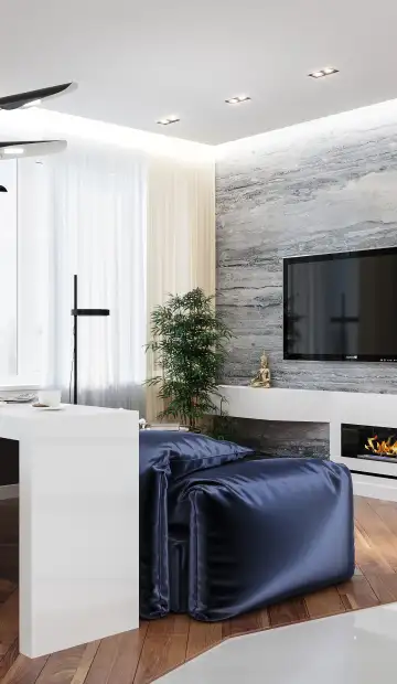 ЖК «Wellton park». Барные стулья с золотыми ножками и подушками лазурного цвета