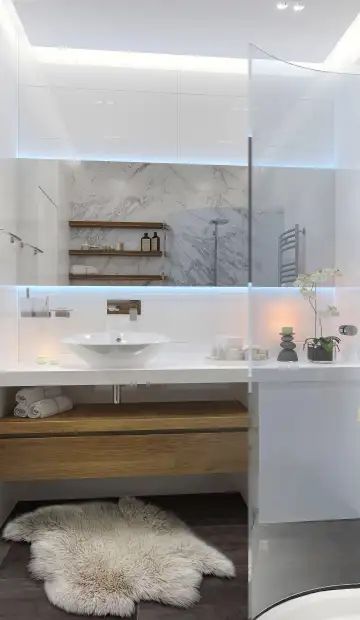 ЖК «Wellton park». Выдвижной ящик под раковиной цвета ореховой древесины