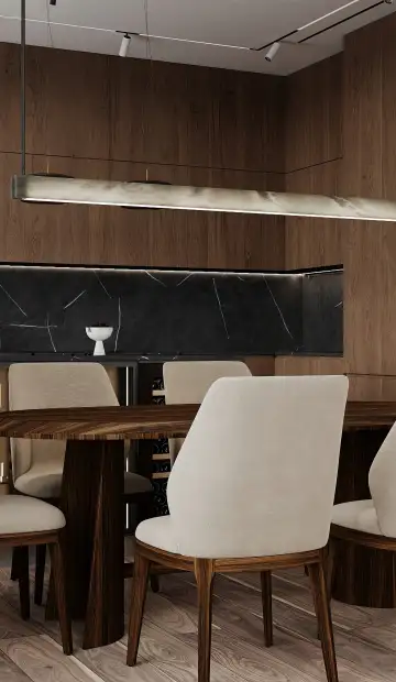ЖК West Garden. Столовая группа играет роль мостика из зоны кухни к гостиной