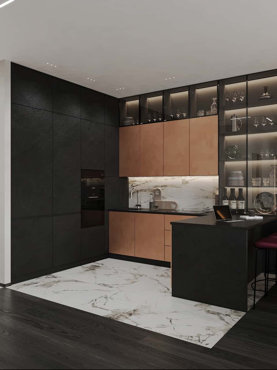 Зонирование кухни с помощью напольной плитки