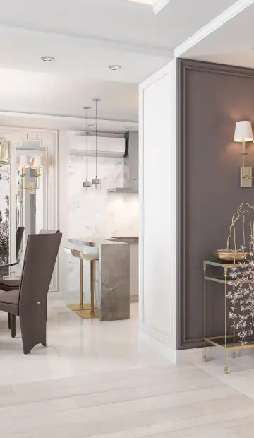 ЖК «Яуза Парк». Стол в столовой с закрученной ножкой из светлого камня
