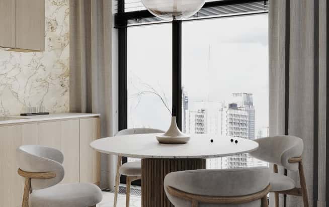 Дизайн и ремонт квартиры в ЖК Зорге 9 в стиле минимализм. Кухня-гостиная, фото 3