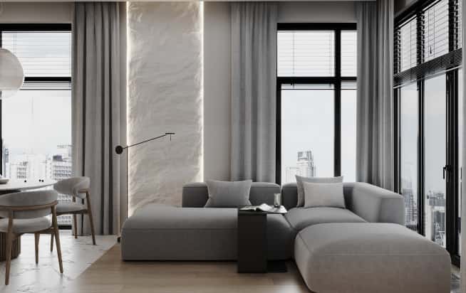 Дизайн и ремонт квартиры в ЖК Зорге 9 в стиле минимализм. Кухня-гостиная, фото 5