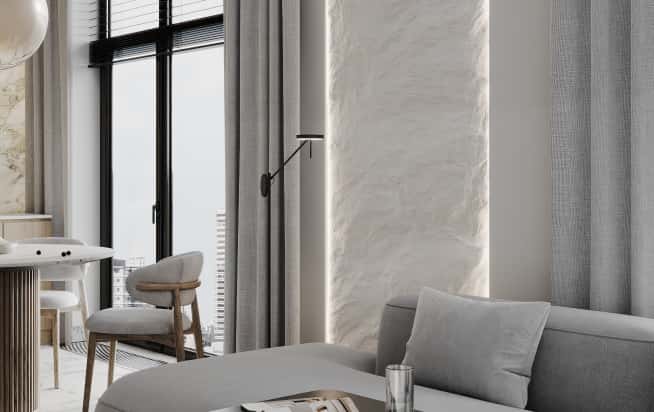 Дизайн и ремонт квартиры в ЖК Зорге 9 в стиле минимализм. Кухня-гостиная, фото 8