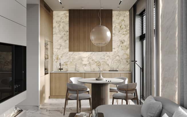 Дизайн и ремонт квартиры в ЖК Зорге 9 в стиле минимализм. Кухня-гостиная