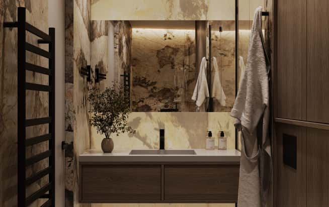 Дизайн и ремонт квартиры в ЖК Зорге 9 в стиле минимализм. Ванная, фото 1