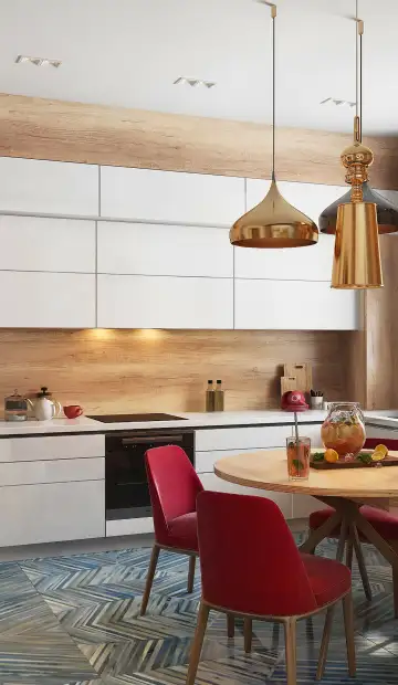 Кухня из золотистого дерева с белыми шкафчиками