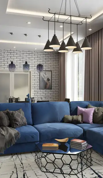 Диван синего цвета из атласной ткани