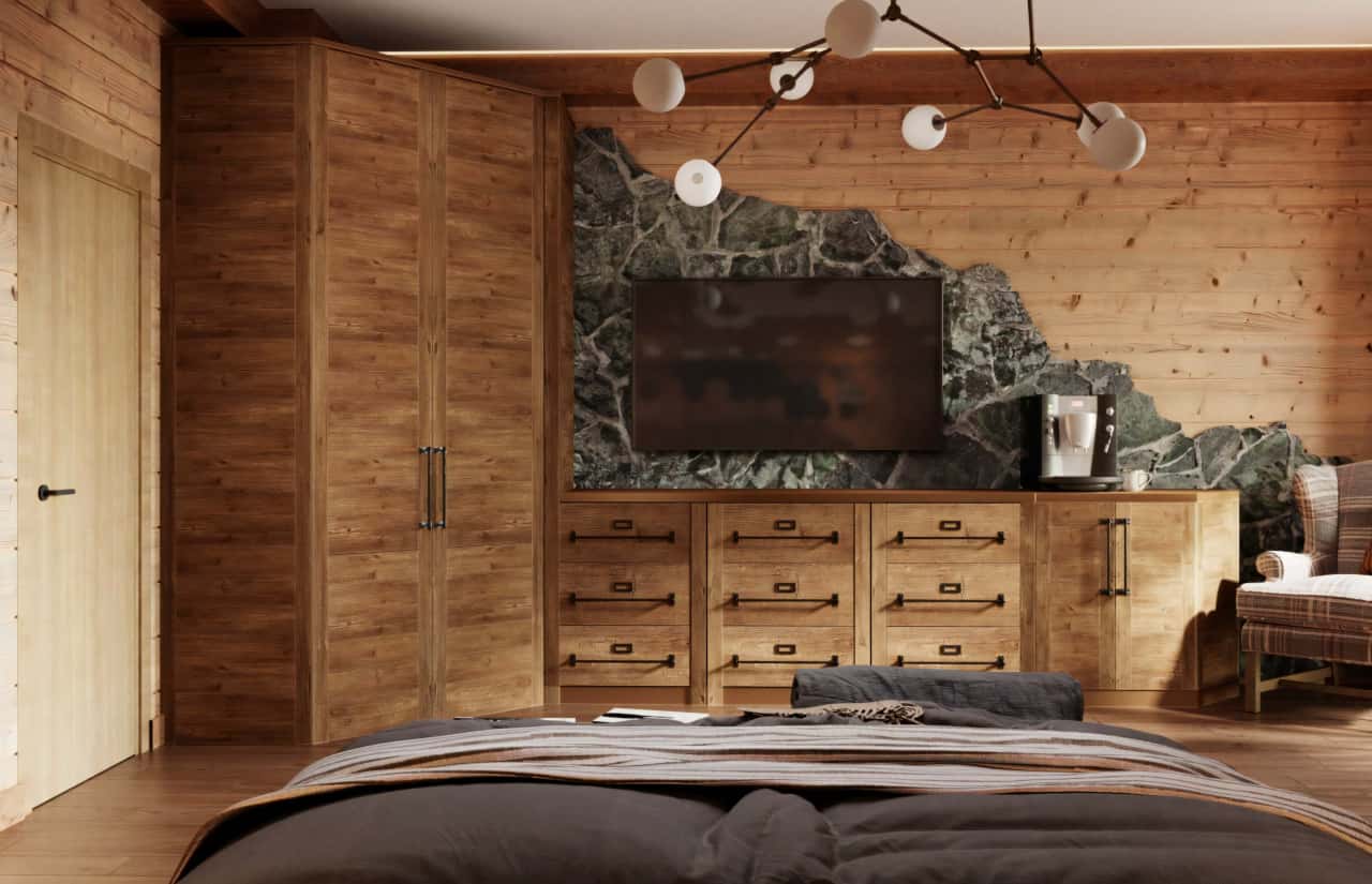 Отделка стен деревом и камнем