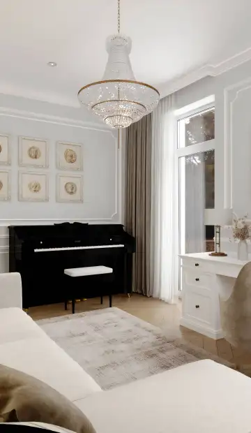 село Ельдигино. Над пианино в потолок вмонтировали встроенные точечные светильники