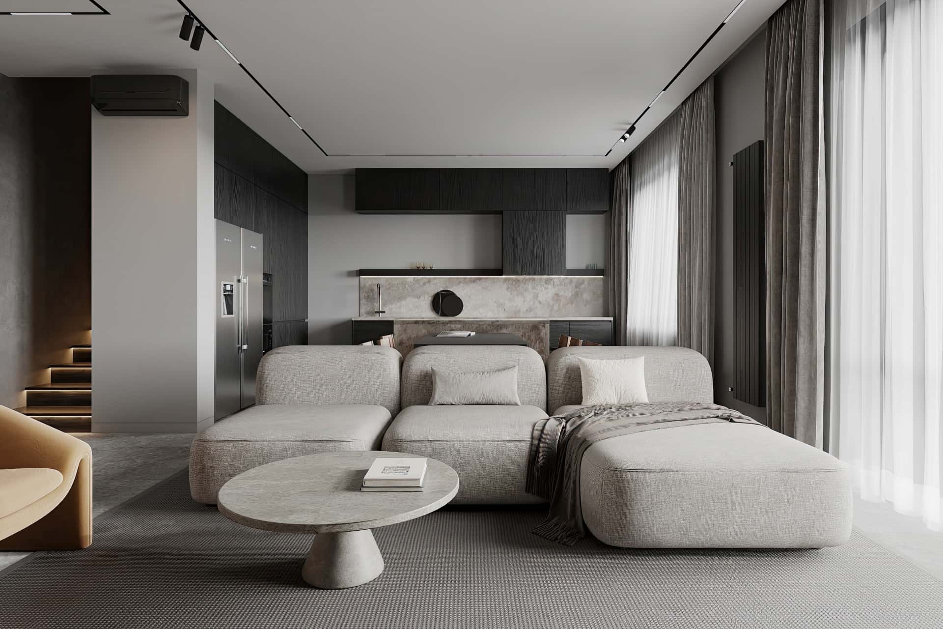 Дизайн и ремонт квартиры в КП Бристоль — Изысканный монохром, 164 м2. 1 этаж Кухня-гостиная, фото 9