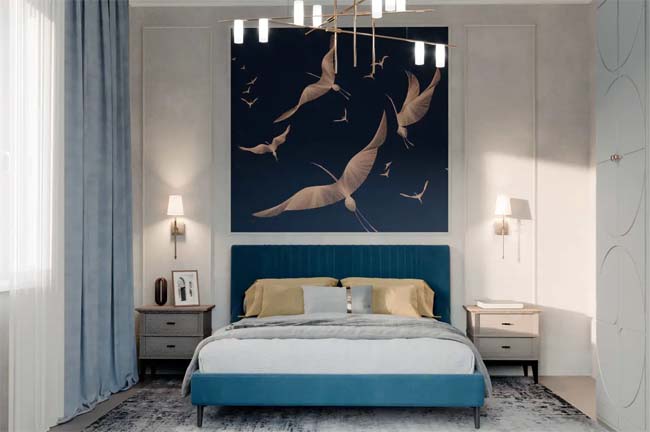 Спальня. Фреска со светлыми журавлями на тёмном серо-синем фоне, воплощение благородства и аристократизма