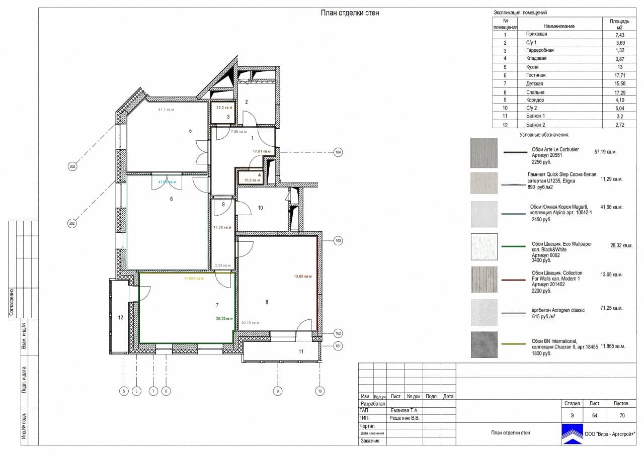 План отделки стен, квартира 92 м² в ЖК «Дом в олимпийской деревне»