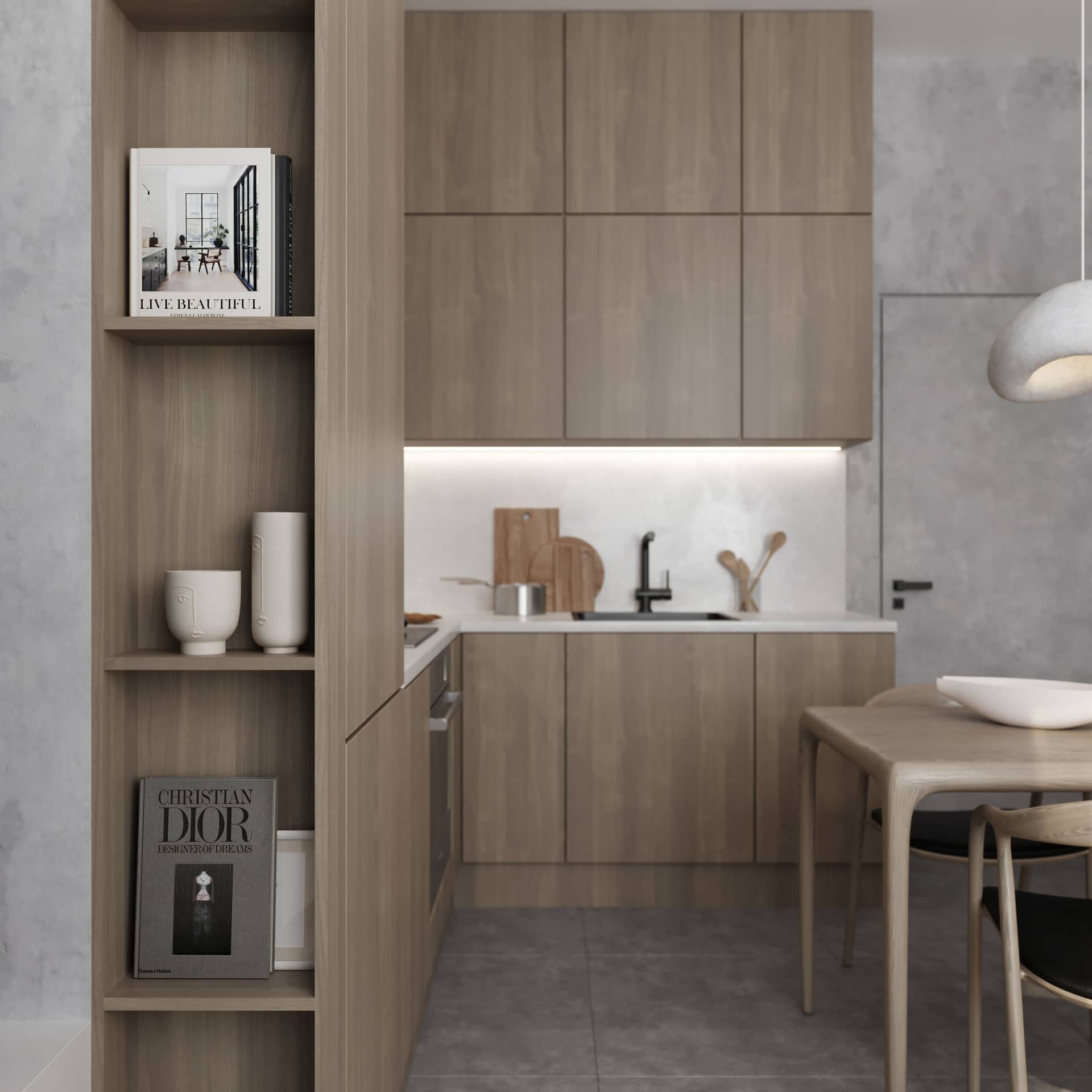 Открытые полки на кухонной мебели делят помещение на две зоны